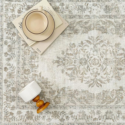 PureCozy 2x7 Runner Rug Beige Washable Hallway Kitchen Bedroom Vintage Distressed Bathroom Non Slip Medallion Floral Carpet Indoor Retro Throw Floor Mat for Office Dining Laundry Living Room