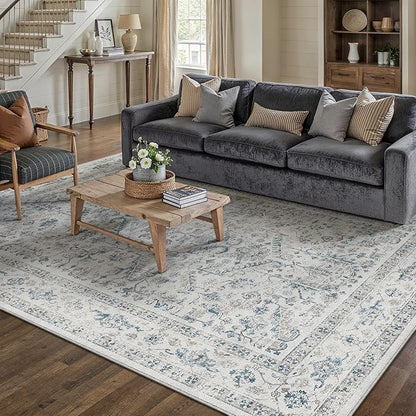 PureCozy Blue 6x9 Area Rug Vintage Washable Living Room Carpet Non Slip Bedroom Indoor Office Low Pile Large Traditional Distressed Retro Accent Rug for Dining Room Bathroom Kitchen