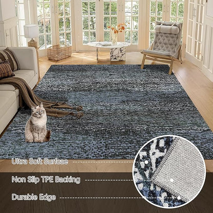 RUGSURE Washable Area Rug - 1/6 Thick - Stain & Water Resistant Non-Slip - Resistant Rug for Living Room, Bedroom, Nursery, Pet & Child Friendly, Vintage Charm Area Rugs (Darkgrey+Bule, 9' x 12')