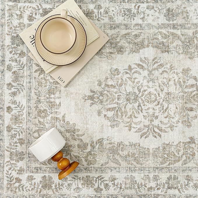 PureCozy 4x5 Area Rug Beige Washable Office Vintage Distressed Carpet Bedroom Indoor Neutral Medallion Floral Living Room Non Slip Retro Throw Floor Mat for Dining Room Kitchen Bathroom