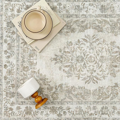 PureCozy 3x4 Area Rug Beige Washable Office Vintage Distressed Carpet Bedroom Indoor Neutral Medallion Floral Living Room Non Slip Retro Throw Floor Mat for Dining Room Kitchen Bathroom