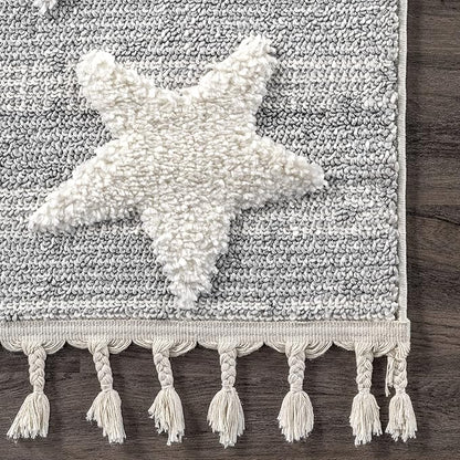Nuloom Raven Light Grey/Ivory, 4' x 6', Modern Stars, High Low, Shag, Tassel, Soft and Plush, High Traffic, Stain Resistant, Easy Clean, Durable Area Rug for Bedroom, Living Room, Dining, Den, Foyer