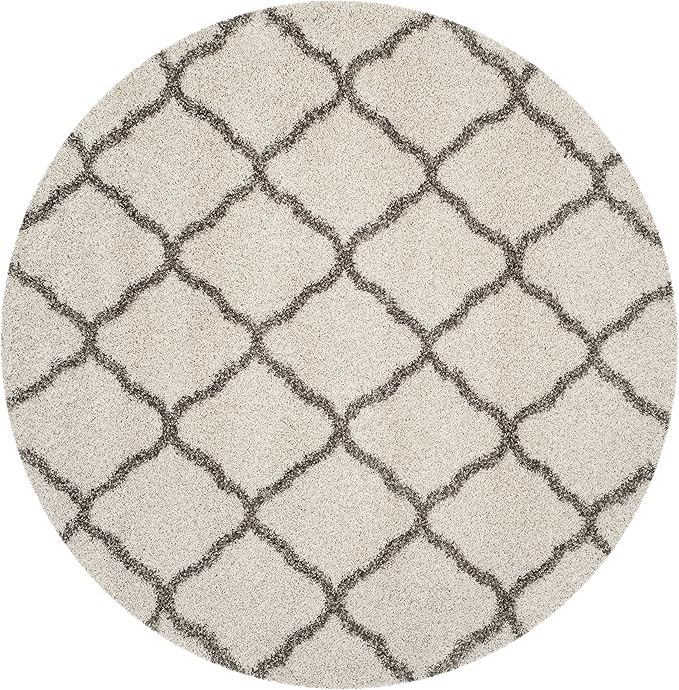 SAFAVIEH Hudson Shag Collection Area Rug - 9' Round, Ivory & Grey, Moroccan Trellis Design, Non-Shedding & Easy Care, 2-inch Thick Ideal for High Traffic Areas in Living Room, Bedroom (SGH283A)
