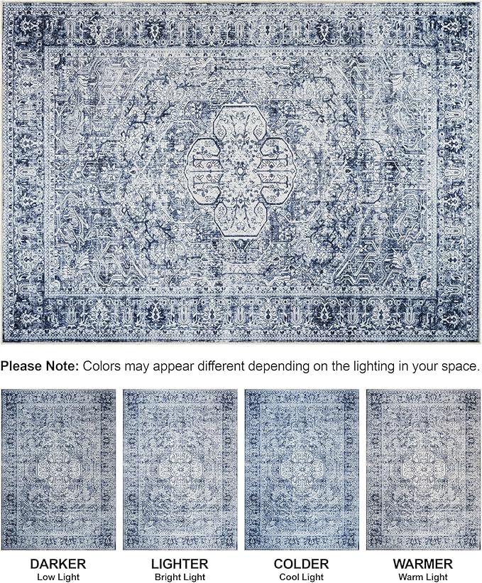 Bloom Rugs Washable Non-Slip 7 ft Runner - Ivory/Denim Blue Traditional Medallion Runner for Entryway, Hallway, Bathroom, and Kitchen - Exact Size: 2.5' x 7'