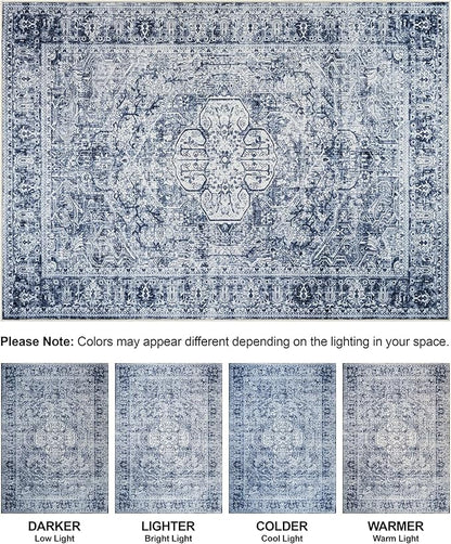 Bloom Rugs Washable Non-Slip 8' x 10' Rug - Ivory/Denim Blue Traditional Medallion Area Rug for Living Room, Bedroom, Dining Room, and Kitchen - Exact Size: 8' x 10'