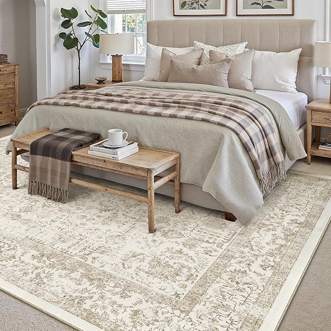 PureCozy Light Brown Area Rug 5x8 Machine Washable Vintage Living Room Distressed Non Slip Carpet Traditional Indoor Bedroom Retro Floral Accent Throw Large Rug Office Kitchen Bathroom Dining Room