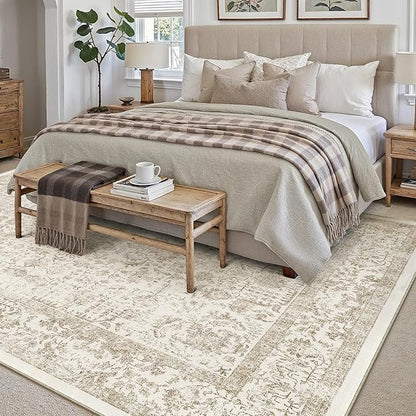 PureCozy Light Brown Area Rug 5x8 Machine Washable Vintage Living Room Distressed Non Slip Carpet Traditional Indoor Bedroom Retro Floral Accent Throw Large Rug Office Kitchen Bathroom Dining Room
