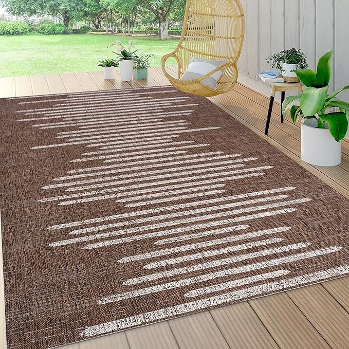JONATHAN Y Stripe Geometric Indoor Outdoor Area Rug 5X8 Brown/Beige, Zolak Berber for Backyard, Patio, Porch, Easy-Cleaning, High Traffic, Pet-Friendly, Non-Shedding (SMB124B-5)