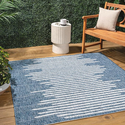 JONATHAN Y Stripe Geometric Indoor Outdoor Square Area Rug 8X8 Blue/Ivory, Zolak Berber for Backyard, Patio, Porch, Easy-Cleaning, High Traffic, Pet-Friendly, Non-Shedding (SMB124C-8SQ)