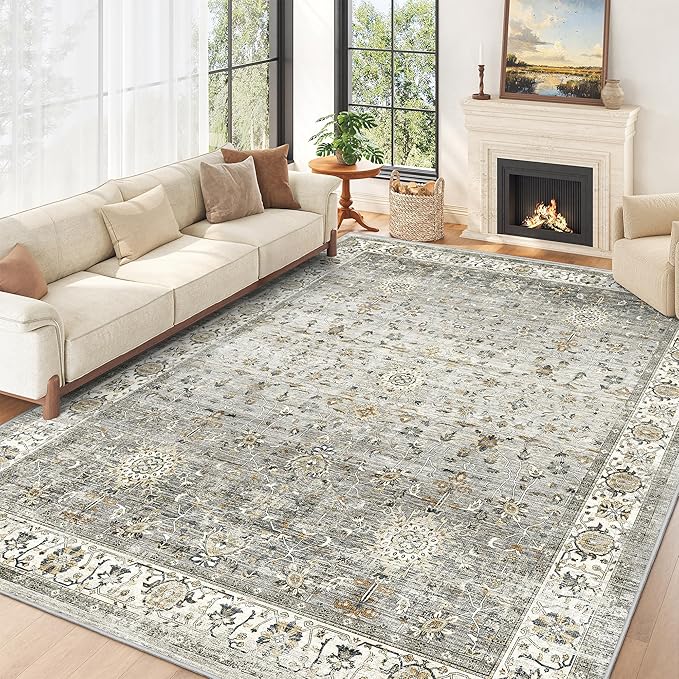 8x10 Area Rugs for Living Room, Machine Washable Non Slip Vintage Rug, Non-Slip Stain Resistant, Large Soft Home Decor Rug for Bedroom Dining Room (Ivory/Grey,8'x10')