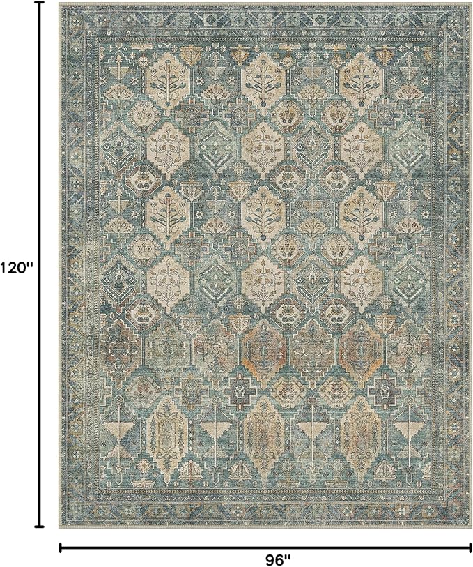 Bavni Washable Rug 8x10 Area Rug for Living Room Bedroom Dining, Washable Vintage Print Carpet, Ultra-Thin Low Pile Lightweight Rug with Non Slip Backing, Teal