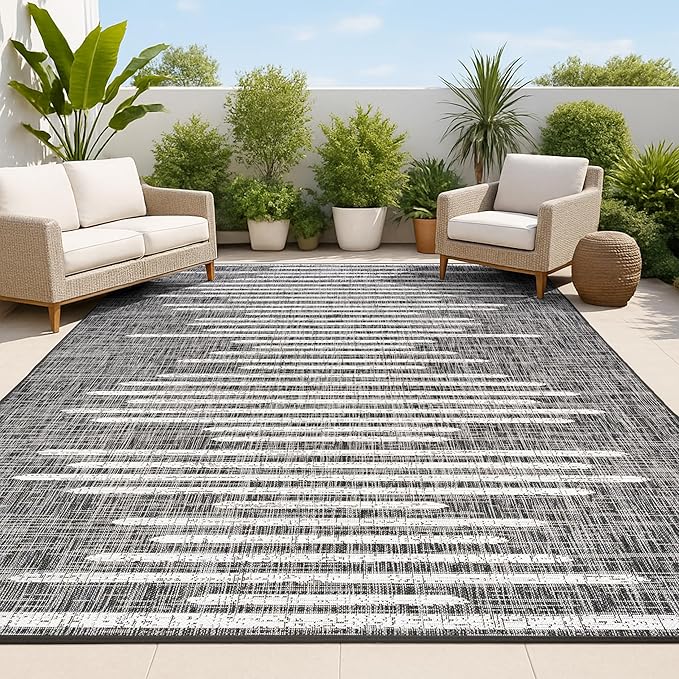 JONATHAN Y Stripe Geometric Indoor Outdoor Area Rug 4X6 Black/Ivory, Zolak Berber for Backyard, Patio, Porch, Easy-Cleaning, High Traffic, Pet-Friendly, Non-Shedding (SMB124E-4)