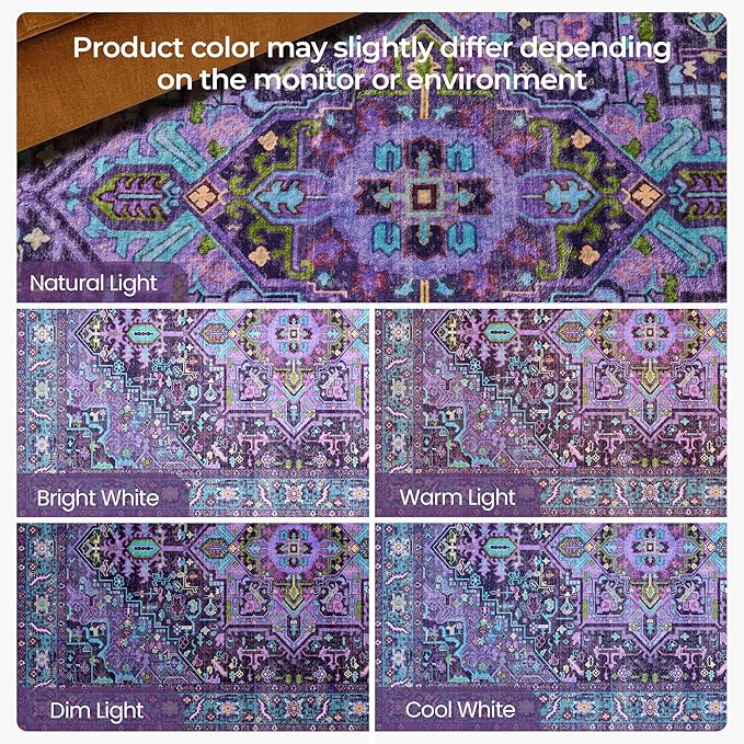 Kokia 10x14 Washable Violet Purple Area Rugs with Vintage Orient Design, Soft Rug for Living Room or Bedroom, Non-Slip Low Pile Stain Resistance Features, Distressed Medallion Pattern