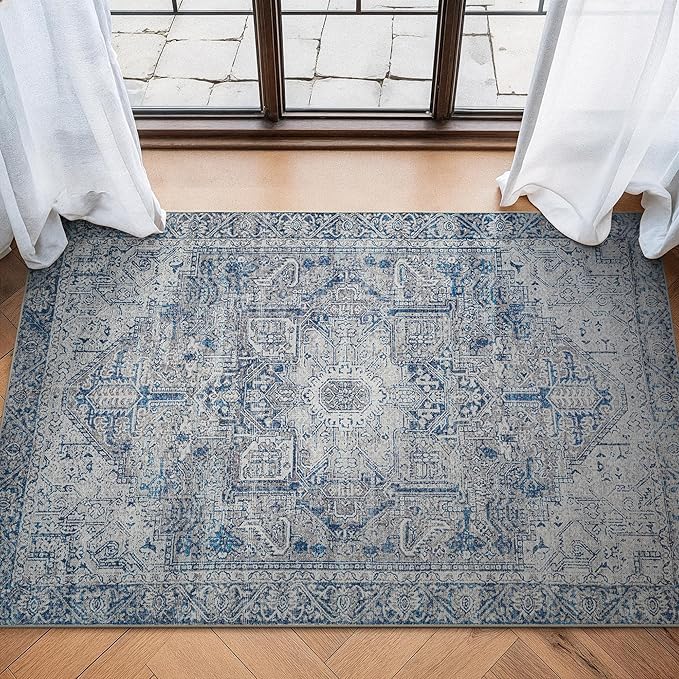 Bloom Rugs Washable Non-Slip 3' x 5' Rug - Blue/Gray Traditional Area Rug for Living Room, Bedroom, Dining Room, and Kitchen - Exact Size: 3' x 5'