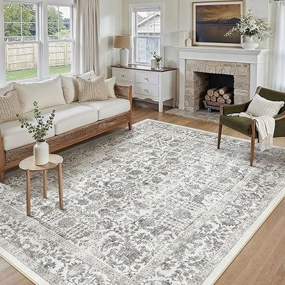 PureCozy Black Area Rug 8x10 Machine Washable Large Vintage Living Room Distressed Non Slip Carpet Traditional Indoor Bedroom Retro Floral Accent Throw Rug for Office Kitchen Dining Room