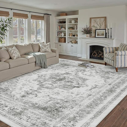 PureCozy Washable Rug 9x12 Area Rug for Living Room Gray Vintage Boho Medallion Large Grey Distressed Retro Carpet Non Slip Indoor Low Pile Small Soft Bedroom Dining Room Home Office