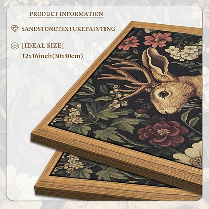 Framed Vintage Jackalope Wall Art, William Morris Dark Botanical Cottagecore Decor, Mythical Folklore Nature Illustration, Hand Drawn Sandstone Art for Living Room Bedroom 12x16 inch