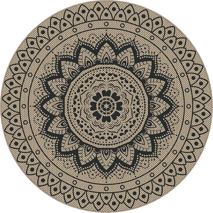 Easy Jute Outdoor Round Rug, 5ft Washable Indoor Outdoor Patio Rug, Black Non Slip Round Area Rug Farmhouse, Boho Carpet for Backyard Patio