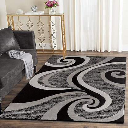 GLORY RUGS Modern Area Rug Swirls Carpet Bedroom Living Room Contemporary Dining Accent Sevilla Collection 4817A (4x6, Black)