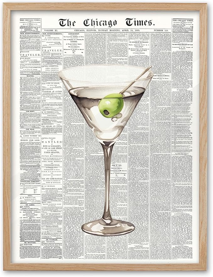 EcoHest Trendy Newspaper Martini Framed Wall Art, 16x20 in Large OAK Wood Retro Bar Cart Canvas Art, Magazine Aesthetic Apartment Art, Beige Logs Funky 70's Set of 1 for Bedroom Living Room
