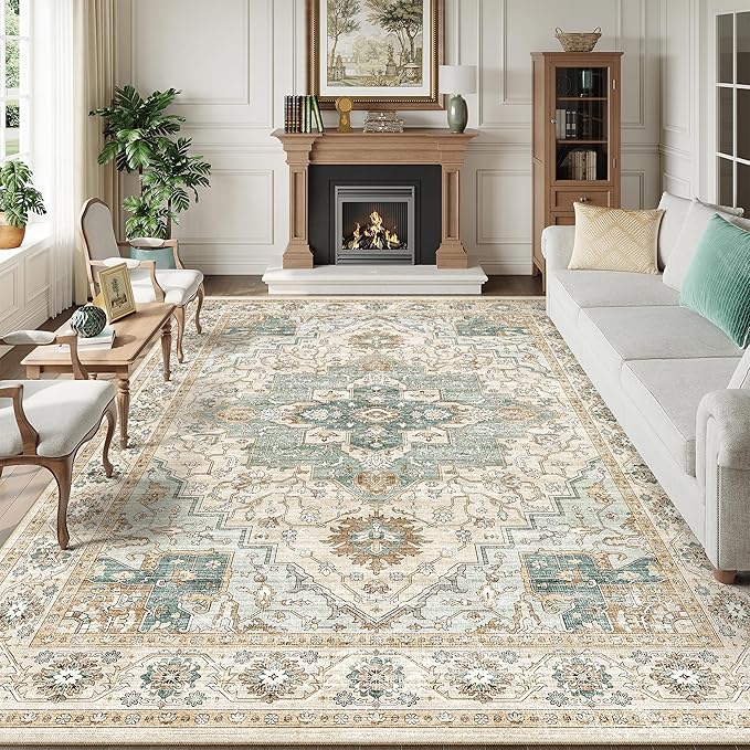 9x12 Area Rugs for Living Room, Machine Washable Non Slip Vintage Rug, Non-Slip Stain Resistant, Large Soft Home Decor Rug for Bedroom Dining Room (Green/Beige 9'x12')