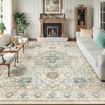 10x14 Living Room Rug - Large Washable Non Slip Vintage Rugs Low Pile Stain Resistant Distressed Carpet for Bedroom Dining Room Home Office 10'x14' Green/Beige