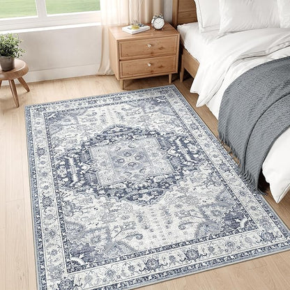 3x5 Rug,Ultra-Thin Washable Rugs for Living Room, Stain Resistant Entryway Rug,Non-Slip Area Rugs, Vintage Small Rugs (Navy/Blue,3'x5')
