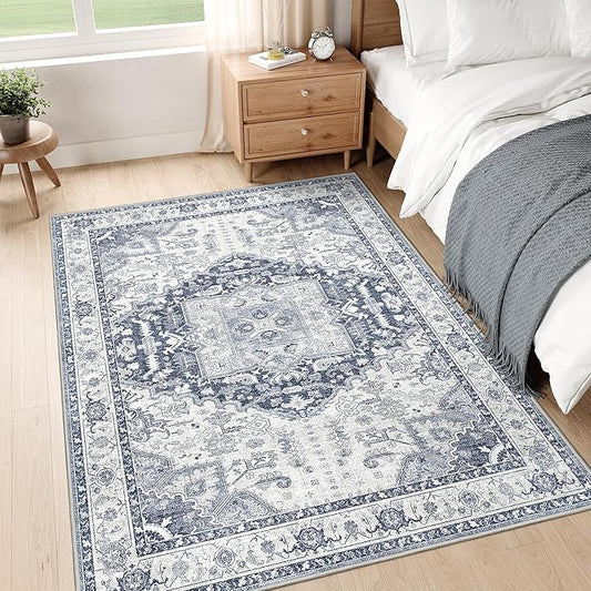 3x5 Rug,Ultra-Thin Washable Rugs for Living Room, Stain Resistant Entryway Rug,Non-Slip Area Rugs, Vintage Small Rugs (Navy/Blue,3'x5')