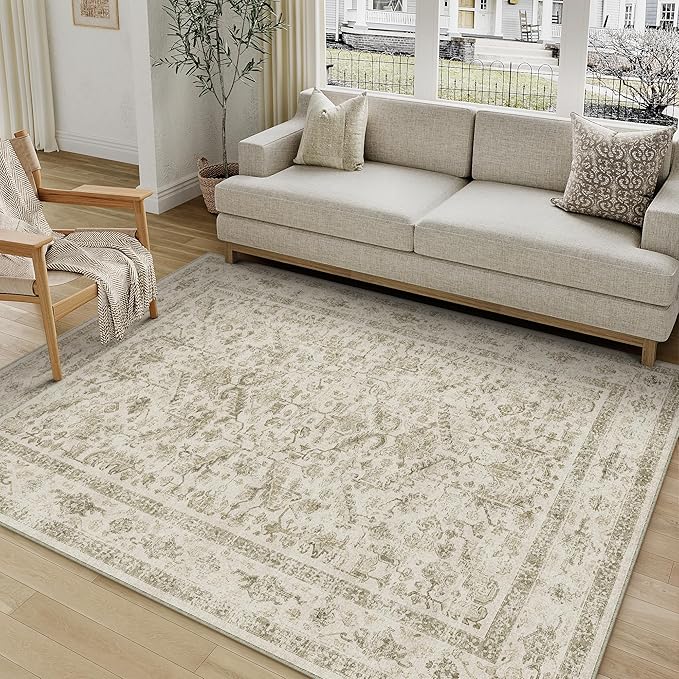 PureCozy Taupe 5x7 Area Rug Vintage Washable Living Room Carpet Non Slip Bedroom Indoor Office Low Pile Traditional Distressed Retro Accent Rug for Dining Room Bathroom Kitchen