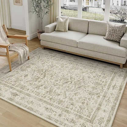 PureCozy Taupe 5x7 Area Rug Vintage Washable Living Room Carpet Non Slip Bedroom Indoor Office Low Pile Traditional Distressed Retro Accent Rug for Dining Room Bathroom Kitchen