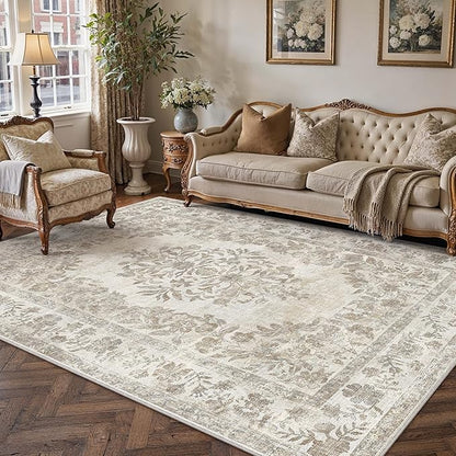 PureCozy 5x8 Area Rug Beige Washable Vintage Distressed Living Room Carpet Large Bedroom Indoor Neutral Medallion Floral Non Slip Retro Throw Floor Mat for Office Dining Room Kitchen Bathroom