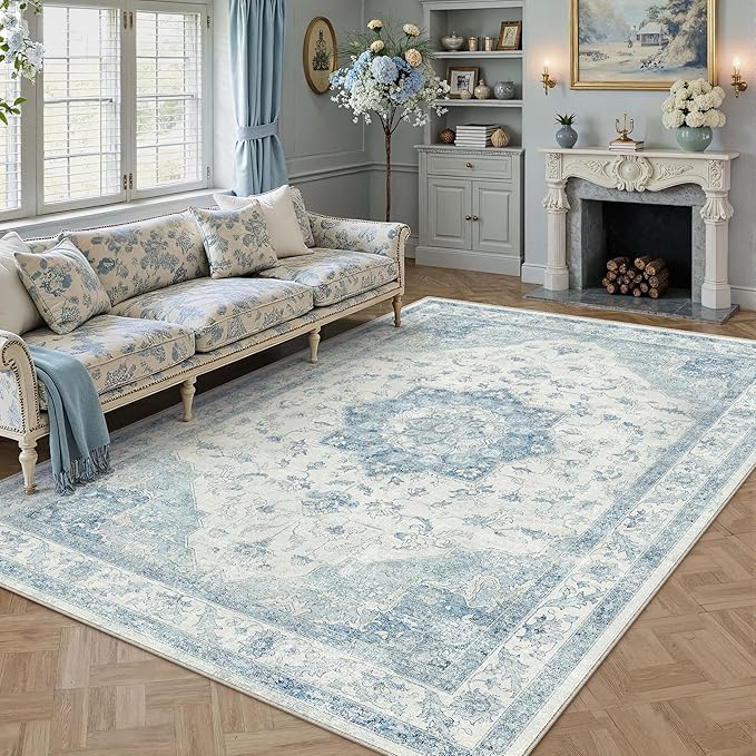 PureCozy Blue Area Rug 5x7 Washable Vintage Carpet for Living Room Office Soft Retro Low Pile Thin Indoor Rug Non Slip Oriental Medallion Floor Cover for Bedroom Dining Room
