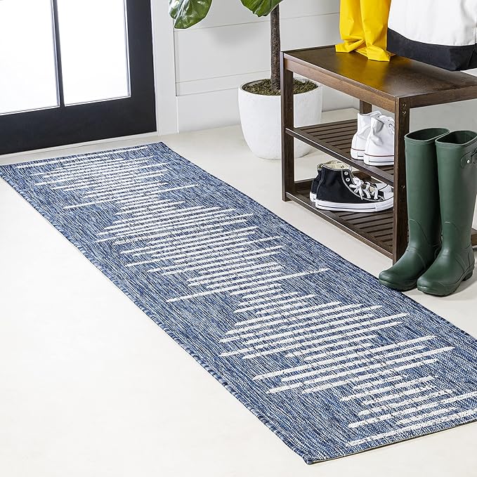 JONATHAN Y Stripe Geometric Indoor Outdoor Runner Rug 2X8 Blue/Ivory, Zolak Berber for Backyard, Patio, Porch, Easy-Cleaning, High Traffic, Pet-Friendly, Non-Shedding (SMB124C-28)