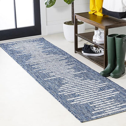 JONATHAN Y Stripe Geometric Indoor Outdoor Runner Rug 2X8 Blue/Ivory, Zolak Berber for Backyard, Patio, Porch, Easy-Cleaning, High Traffic, Pet-Friendly, Non-Shedding (SMB124C-28)