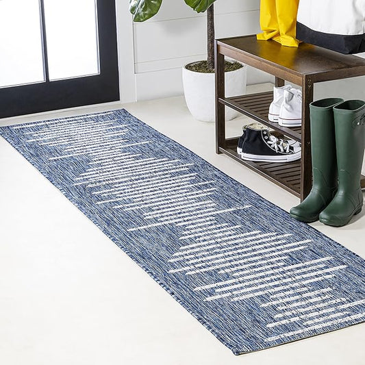 JONATHAN Y Stripe Geometric Indoor Outdoor Runner Rug 2X8 Blue/Ivory, Zolak Berber for Backyard, Patio, Porch, Easy-Cleaning, High Traffic, Pet-Friendly, Non-Shedding (SMB124C-28)