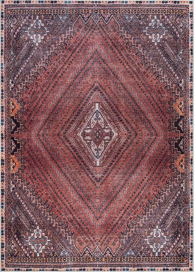 Bloom Rugs Washable Non-Slip 6' x 9' Rug - Red/Multicolor Traditional Bordered Area Rug for Living Room, Bedroom, Dining Room, and Kitchen - Exact Size: 6' x 9'