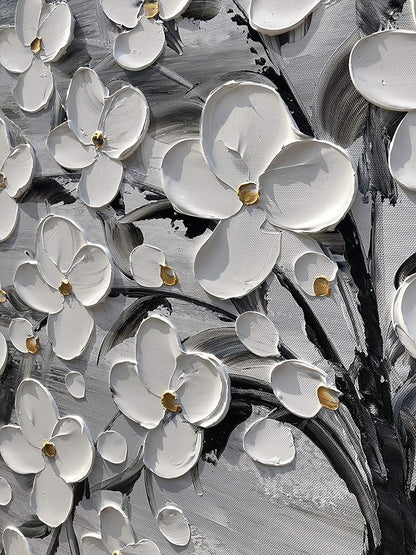 Yihui Arts Hand-Painted Textured White Blossom Tree Art on Canvas, Grey & Black Toned Floral Painting for Modern Home Decor, Unique Thick Textured Petals Wall Art