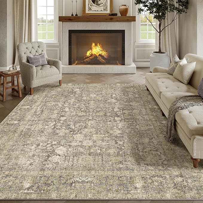 PureCozy Brown Area Rug 6x9 Machine Washable Vintage Living Room Distressed Non Slip Carpet Traditional Indoor Bedroom Retro Floral Accent Throw Large Rug for Office Kitchen Dining Room