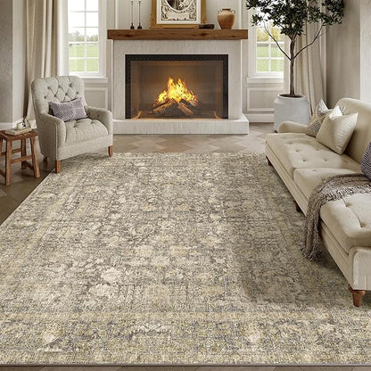 PureCozy Brown Area Rug 6x9 Machine Washable Vintage Living Room Distressed Non Slip Carpet Traditional Indoor Bedroom Retro Floral Accent Throw Large Rug for Office Kitchen Dining Room