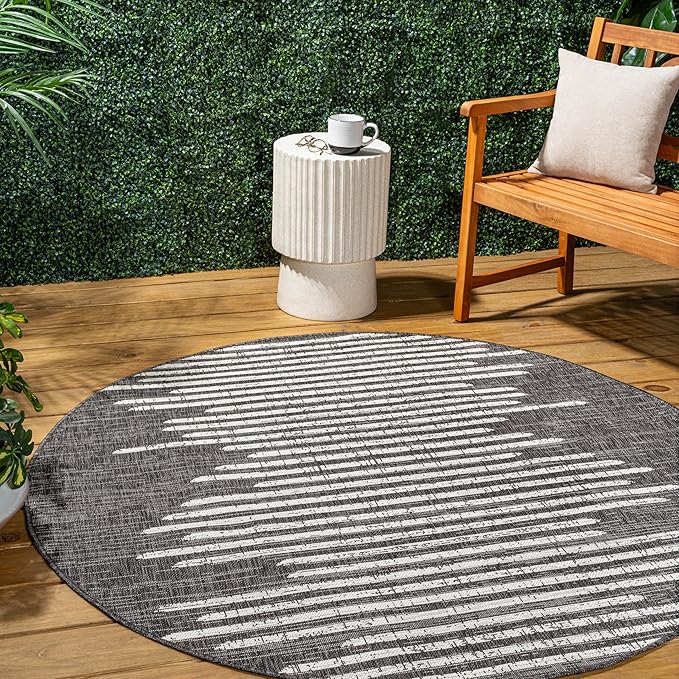 JONATHAN Y Stripe Geometric Indoor Outdoor Round Area Rug 8 Ft Black/Ivory, Zolak Berber for Backyard, Patio, Porch, Easy-Cleaning, High Traffic, Pet-Friendly, Non-Shedding (SMB124E-8R)