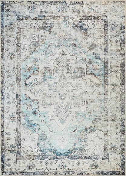 Bloom Rugs Washable Non-Slip 5' x 7' Rug - Beige/Blue Traditional Area Rug for Living Room, Bedroom, Dining Room, and Kitchen - Exact Size: 5' x 7'