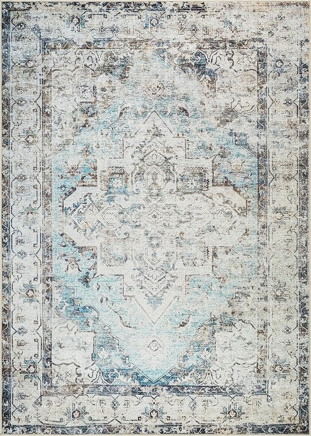 Bloom Rugs Washable Non-Slip 3' x 5' Rug - Beige/Blue Traditional Area Rug for Living Room, Bedroom, Dining Room, and Kitchen - Exact Size: 3' x 5'