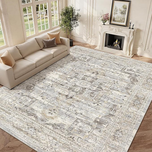 9x12 Washable Vintage Area Rug - Non-Slip Soft Rugs for Living Room Bedroom Dining Room, Stain Resistant Indoor Floor Mat for Home Decor (Beige/Brown, 9'x12')