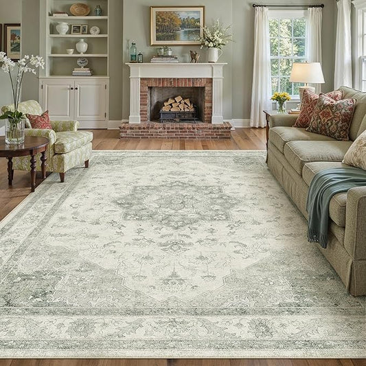 PureCozy Green Area Rug 8x10 Washable Living Room Carpet Vintage Non Slip Soft Bedroom Indoor Office Retro Low Pile Thin Oriental Medallion Large Rug for Dining Room Playroom