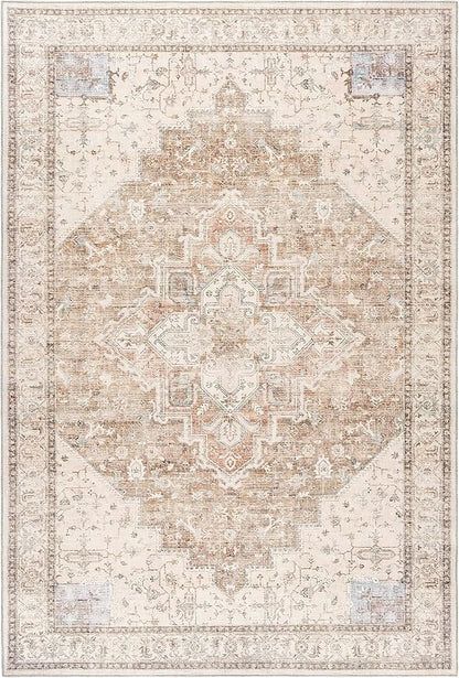 BILEEHOME Boho Farmhouse Bedroom Rug Washable Easy Clean Stain Resistant Vintage Country Rustic Neutral Persian Area Rug for Dining Room Under Table,Light Tan Brown Beig with Terracotta Pattern,5x8