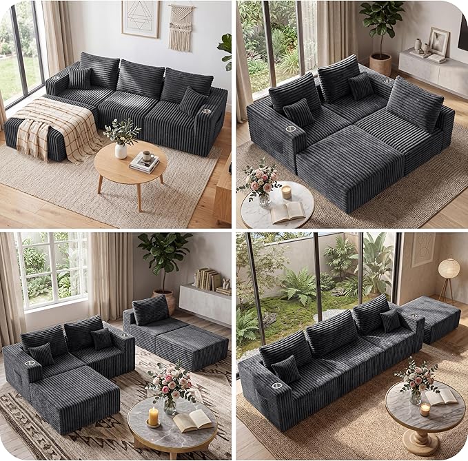 137'' U-Shaped Cloud Modular Sectional Sofa, Modern Corduroy Memory Foam Couch with Cup Holders, Upholstered Boneless Deep Seat Fluffy 6-Seater Sofa, No Assembly Needed, Grey, for Living Room