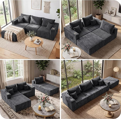 137'' U-Shaped Cloud Modular Sectional Sofa, Modern Corduroy Memory Foam Couch with Cup Holders, Upholstered Boneless Deep Seat Fluffy 6-Seater Sofa, No Assembly Needed, Grey, for Living Room