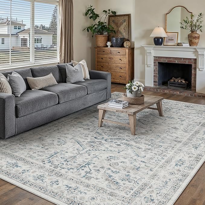 PureCozy Blue 6x9 Area Rug Vintage Washable Living Room Carpet Non Slip Bedroom Indoor Office Low Pile Large Traditional Distressed Retro Accent Rug for Dining Room Bathroom Kitchen