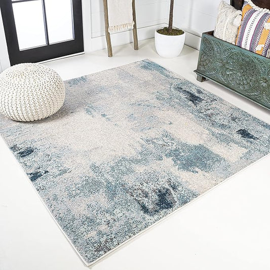 JONATHAN Y Modern Abstract Vintage Cream/Blue 4x4 Square Indoor Area Rug, Contemporary POP, Transitional, Easy-Cleaning for Living Room, Bedroom, Kitchen, Pet Friendly, Non-Shedding (CTP104A-4SQ)