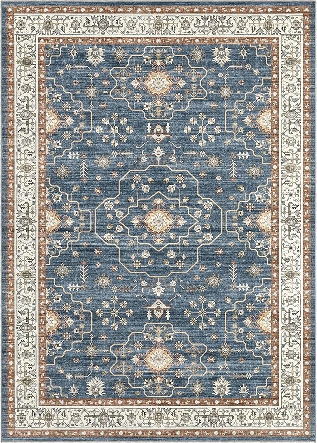 8x10 Area Rug for Living Room- Machine Washable Soft Oriental Vintage Large Indoor Floor Carpet for Bedroom Under Dining Table Home Office Decor - Dark Blue
